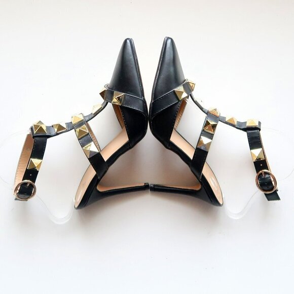 Nicole Miller Selty Black & Gold Pointy Toe Studded Heels / Pumps / Sandals 6.5 - Picture 12 of 16